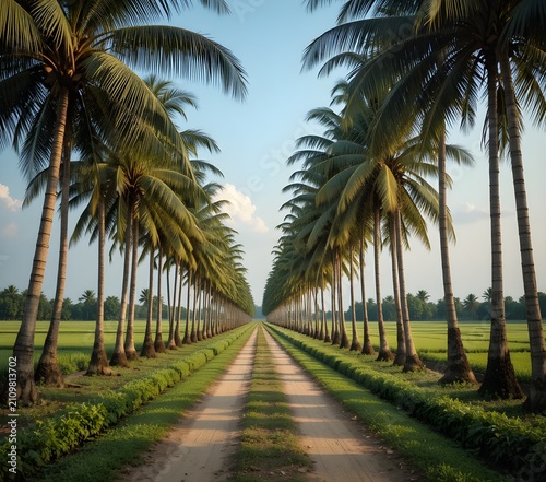 Scenic Tropical Coconut Palm Tree Lined Country Road Through Lush Green Agricultural Fields Under Blue Sky, Peaceful Rural Landscape with Coconut Plantation, Natural Countryside Environment, Eco Farmi