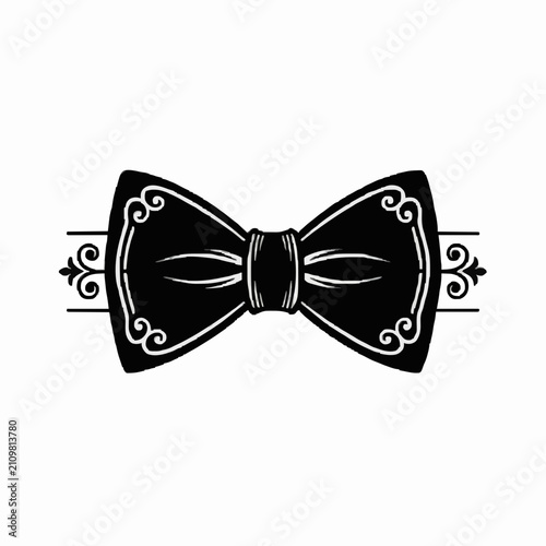 Elegant black bow tie with intricate white filigree patterns and scrollwork designs isolated on white background for formal events and fashion branding.
