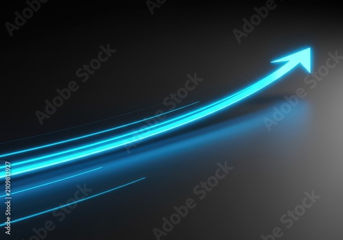 Dynamic forward thrust concept illustrated with a glowing blue trajectory line moving rapidly across a minimalist dark gray surface ,breakthrough ,illustration ,concept