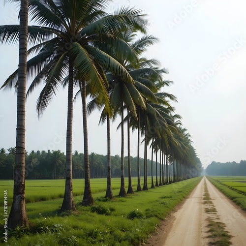 Scenic Tropical Coconut Palm Tree Lined Country Road Through Lush Green Agricultural Fields Under Blue Sky, Peaceful Rural Landscape with Coconut Plantation, Natural Countryside Environment, Eco Farmi