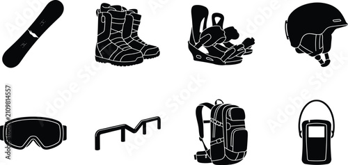 Photography Winter Sports Equipment Vector Icon Set with Snowboard Ski Gear and Protective A