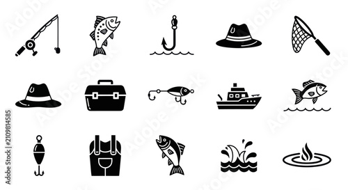 Bild auf Leinwand Fishing Icons Set Rods, Reels, Lures, Nets, Boats, and Clothing for Anglers