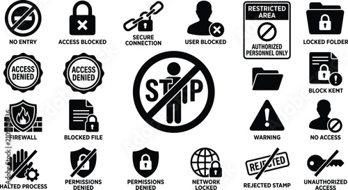 Quadro su tela Access denied and cybersecurity warning black silhouette vector icon set for res