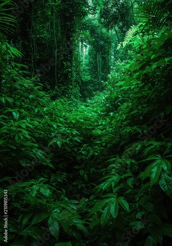 Extremely vibrant emerald green jungle foliage, densely packed and illuminated by natural light filtering through the dense tropical canopy ,chartreuse ,ecosystem ,canopy