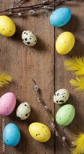 Festive spring decor: colorful speckled eggs placed upon a natural, rustic wooden surface, perfect for a holiday background scene ,decor ,colorful ,table