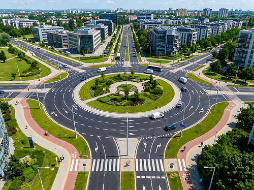 Aerial view of a modern roundabout intersection in a suburban business district.
