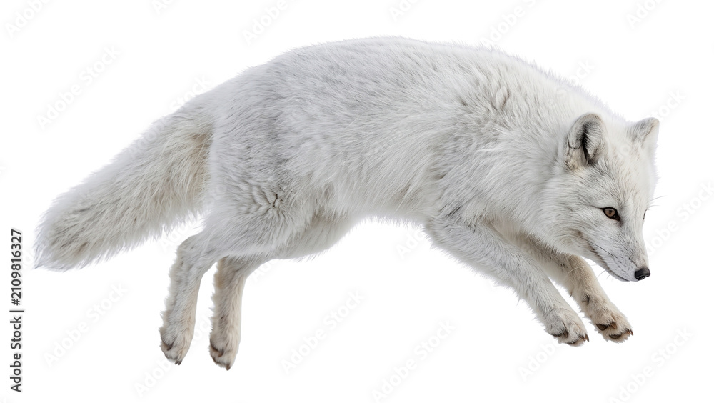 Fototapeta premium A swift arctic fox captured mid-leap, displaying its pure white winter coat and agile movements, a classic hunter of the frozen tundra