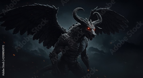 Imposing mythological beast featuring detailed scales, colossal dark wings, and curled horns in a menacing low-key environment ,dark ,terrifying ,evil