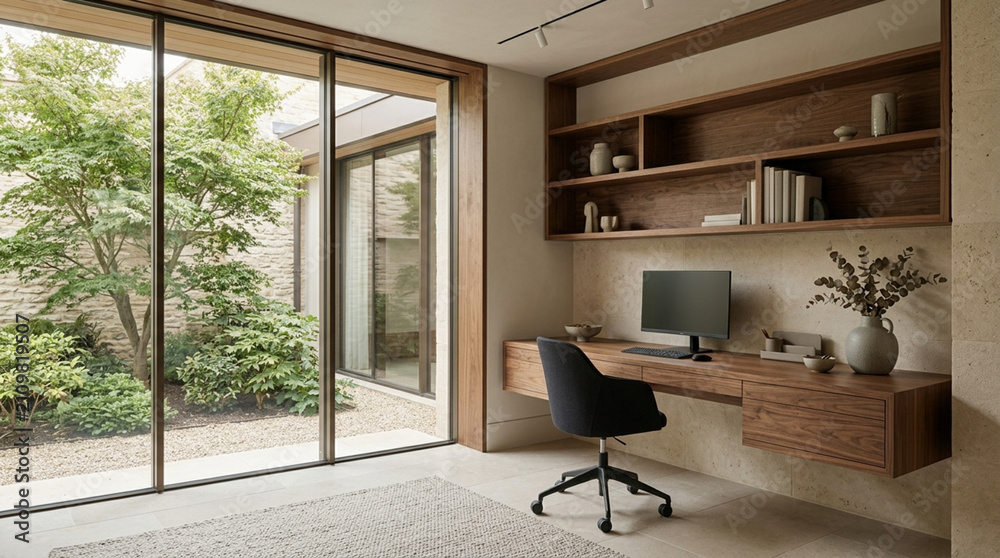 Obraz premium Modern Home Office with Desk, Computer, and Green Courtyard View