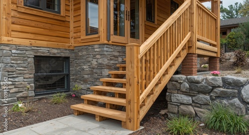 Wooden Steps Leading to a Cabin Entrance - Natural Stone Foundation, Welcoming Atmosphere