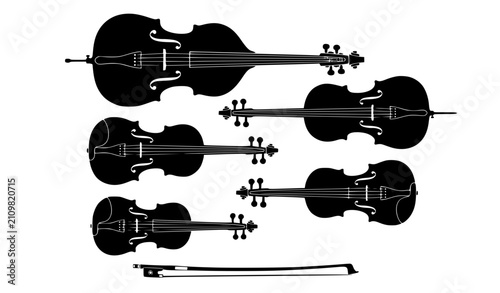 Cuadro en lienzo String Instrument Silhouette Vector Set with Violin Viola Cello Upright Bass and