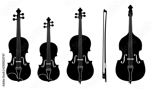 Foto Detailed Orchestra String Instrument Silhouettes with Violin Cello Bass and Bow