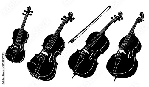 Quadro su tela Classical String Instruments Silhouette Collection Black White Detailed Vector I