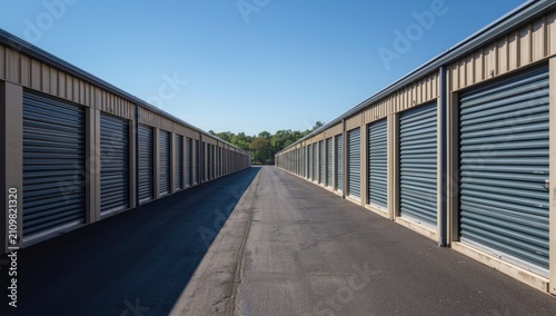 Storage Unit Alley with Open Doors and Clear Blue Sky