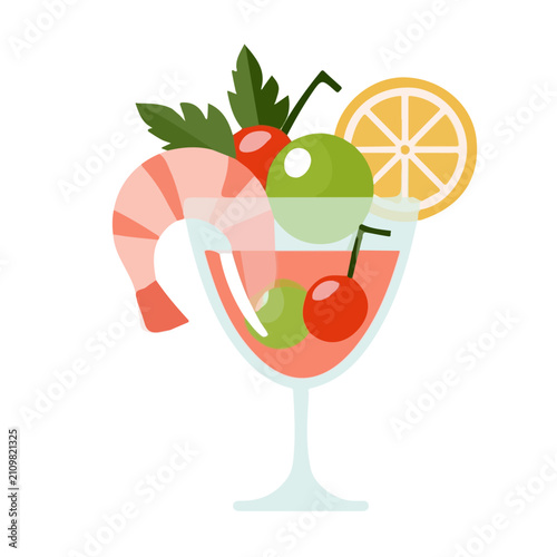 Simple flat 2D illustration of Shrimp Cocktail, modern minimalist artwork, isolated on a white background.