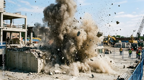 Controlled demolition of concrete structure at construction site with smoke and debris demolition construction concrete explosion