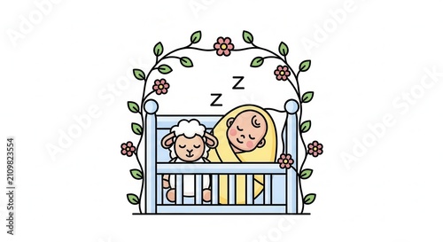 child and sheep sleeping in bed