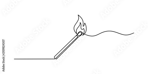 Continuous single line drawing of a burning wooden matchstick with fire flame