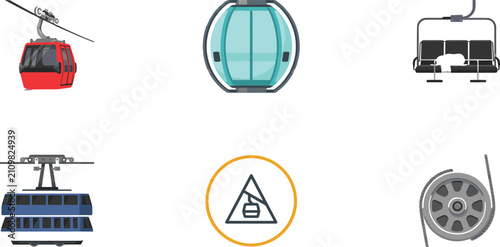 Obraz na płótnie Cable Car Gondola Lift and Ski Resort Transit Icon Set with Ropeway Cabins Chair