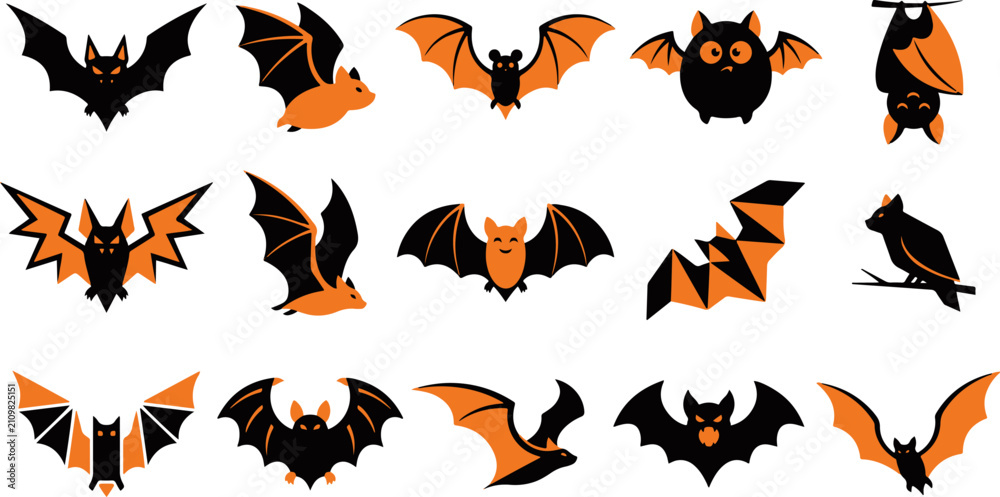 Fototapeta premium Set of cute cartoon bats for haloween party decorations and festive spooky holiday graphic design elements collection