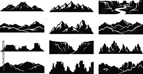 Obraz na płótnie Black and white vector silhouettes of mountains, canyons, and desert landscapes