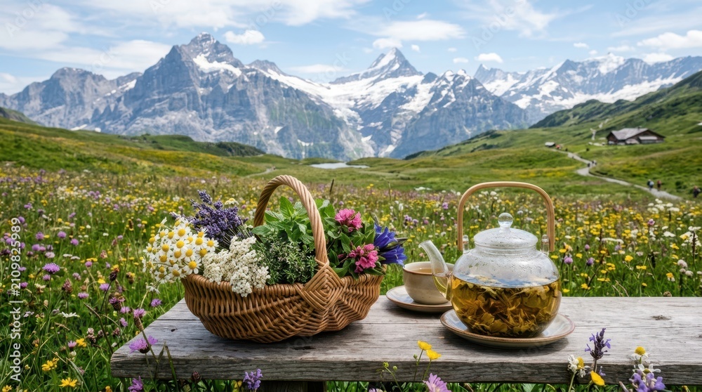Obraz premium Picnic in the Swiss Alps with herbal tea and wildflowers overlooking majestic mountains