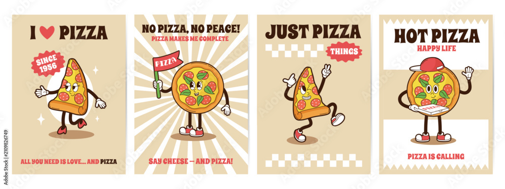 Obraz premium Groovy pizza posters. Ad pizzeria and delivery banners with pizza slices. Italian food with basil and sausages. Fast food or snacks, neoteric vector templates