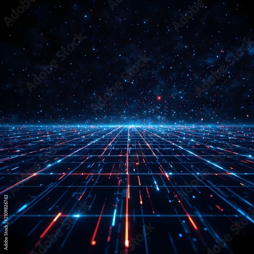 Abstract Futuristic Digital Network Background with Glowing Blue and Red Data Lines, Artificial Intelligence Connections, Blockchain Technology, Cyber Security, Big Data Visualization, Neural Network 
