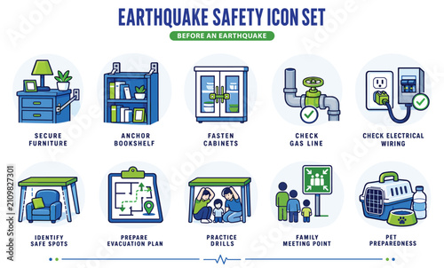 Earthquake Safety Before an Earthquake Icon Set. easy recoloring and efficient editing workflow. Ideal for earthquake preparedness campaigns, disaster prevention programs, public safety education,  