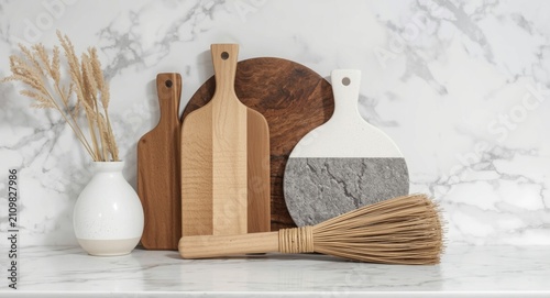 Kitchen Cutting Boards and Whisk Broom Arrangement - Marble Countertop, Neutral Tones, Minimalist Style