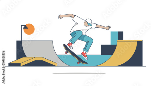Dynamic young skateboarder performing a difficult trick on his board over a ramp at city skatepark under bright orange sun.