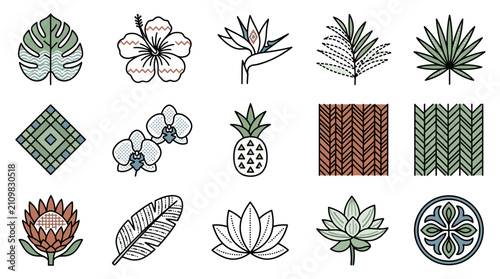 Fotografie Sleek Tropical and Botanical Set with Floral Patterns Leaves and Geometric Desig
