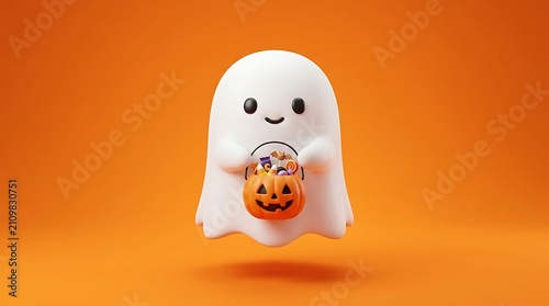 A cute 3d ghost character holding a pumpkin candy bucket to celebrate a fun and happy halloween holiday