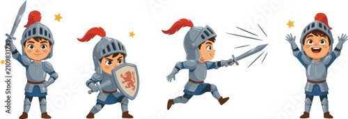 Cute Boy Knight Character Vector Set Holding Sword, Defending with Shield, Running to Battle, and Celebrating Victory for Children Fantasy Storybook Illustrations