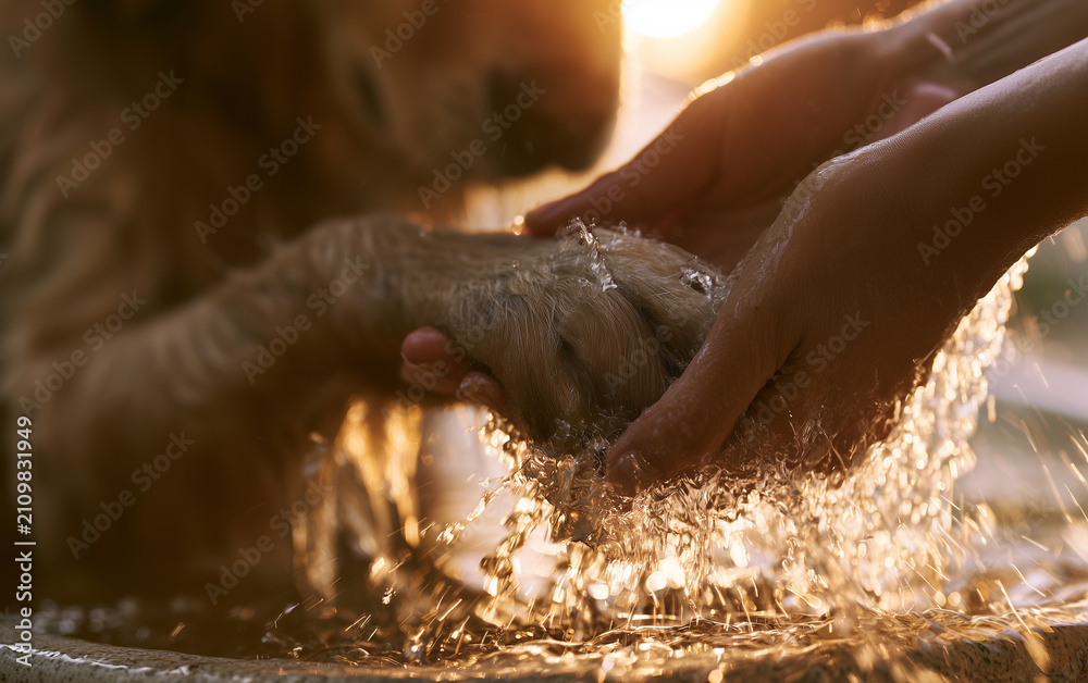 Fototapeta premium Caring Hands Gently Wash A Dog's Paw in Warm Sunlight, Showing Animal Love And Compassion