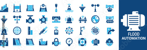 Foto Flood automation icon set featuring smart flood barriers, water level monitoring, hydraulic systems, emergency alerts, drainage control, disaster management, and infrastructure symbols