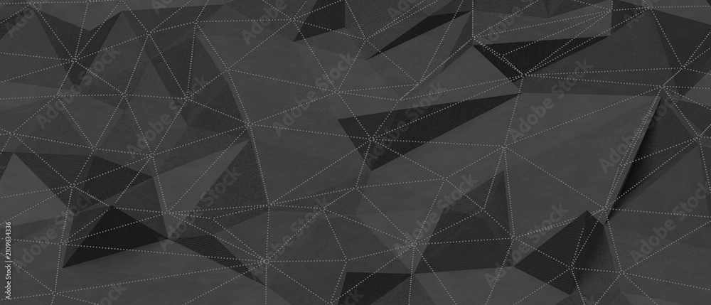 Obraz premium Dark abstract background with polygonal shapes and dotted lines, technology concept.