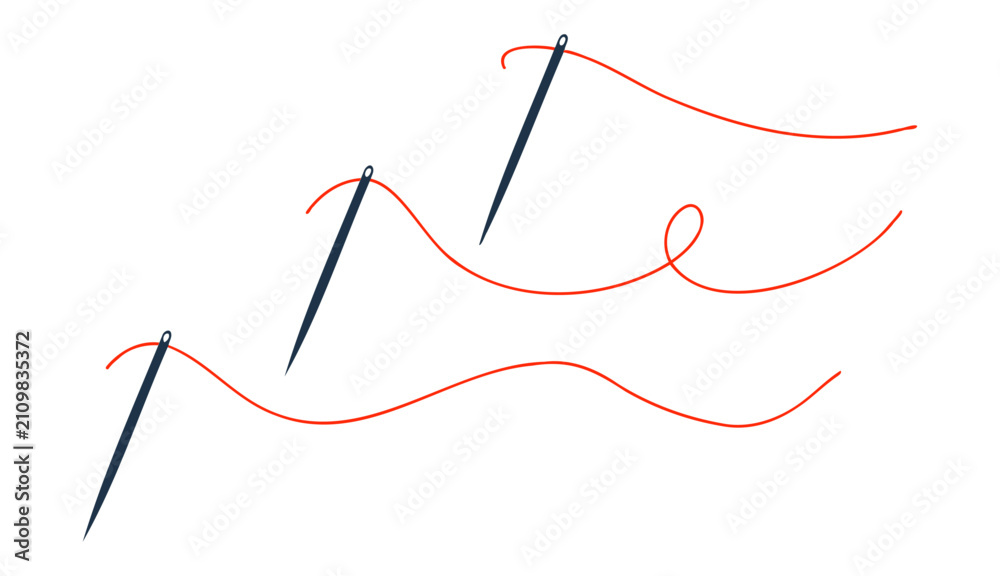 Obraz premium Set of sewing needles with red thread in dynamic swirling. Collection of craft and textile design elements with black needles and vibrant red thread isolated on white.