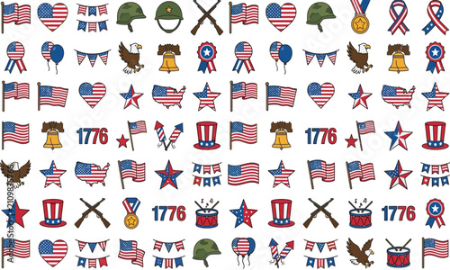 Set of american patriotic icons for national day celebration featuring flags eagles and stars in pixel art style