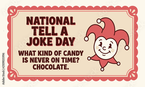 Retro style graphic for national tell a joke day featuring a funny candy riddle and jester illustration