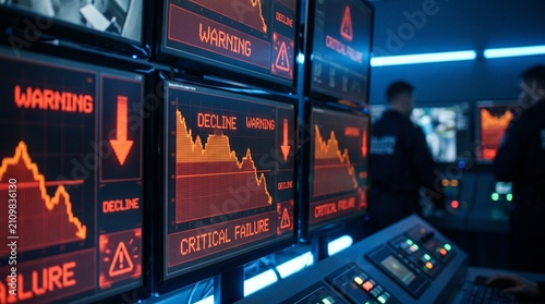 Multiple monitors in a dark control room showing critical warnings, downward financial trends, and system failure alerts while security staff monitor the situation.