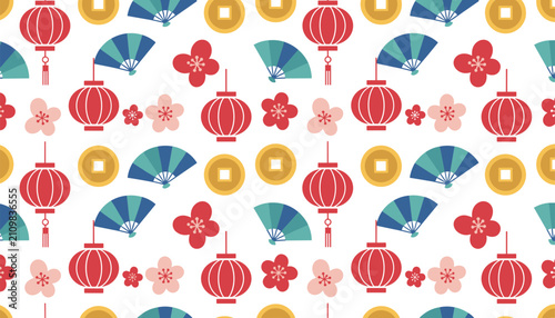 Traditional red Chinese lanterns and fans seamless pattern for Lunar New Year celebration on white background.