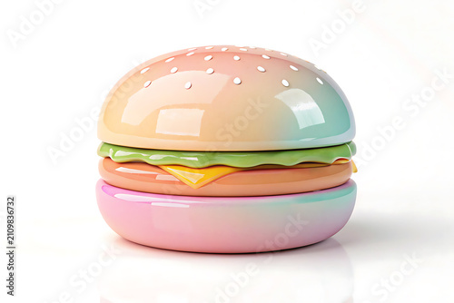 Pastel Hamburger With Lettuce Cheese And Tomato On White Background With Shadow, A colorful pastel-style cheeseburger.
