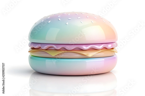 Pastel Hamburger With Lettuce Cheese And Tomato On White Background With Shadow, A colorful pastel-style cheeseburger.