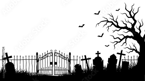 Halloween graveyard silhouette with spooky tree, iron fence, tombstones and bats flying in the night sky, vector illustration isolated on white background