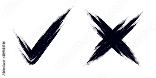 Check tick mark icon set. Cross box x check mark checkbox list vector draw hand drawn sketch doodle brush marker checklist symbol wrong right circle. hand drawn, grunge X sign. hand drawn tick mark.