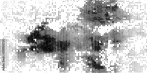 Foto A dramatic abstract digital art piece depicts a roaring lion, its silhouette formed by a dense pattern of black dots against a white background, conveying raw power and untamed spirit