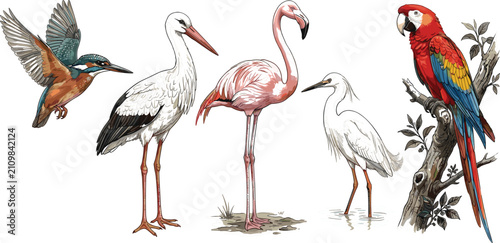 Quadro su tela Realistic tropical birds vector collection with kingfisher stork flamingo egret