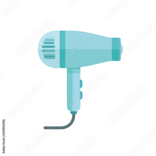 Hair Dryer, clean flat 2D illustration with a minimal style, isolated on a white background.