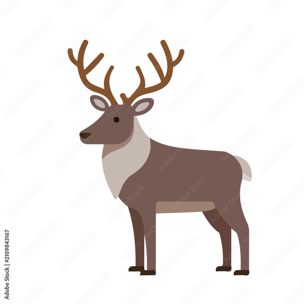 Fototapeta premium Reindeer, minimal flat 2D illustration with smooth shapes, isolated on a white background.